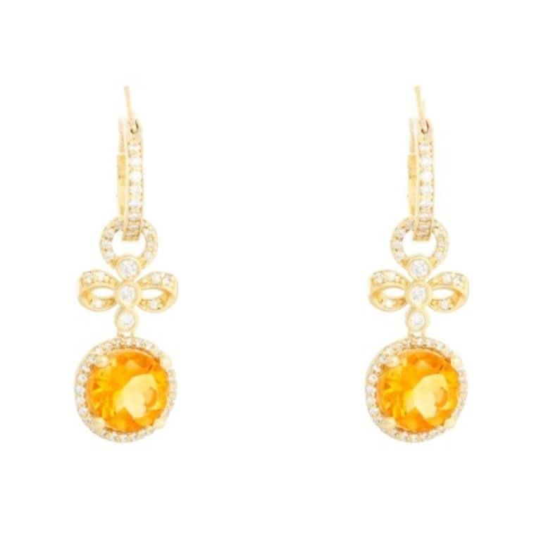 18K Yellow Gold Citrine & Diamond Hoops Earrings