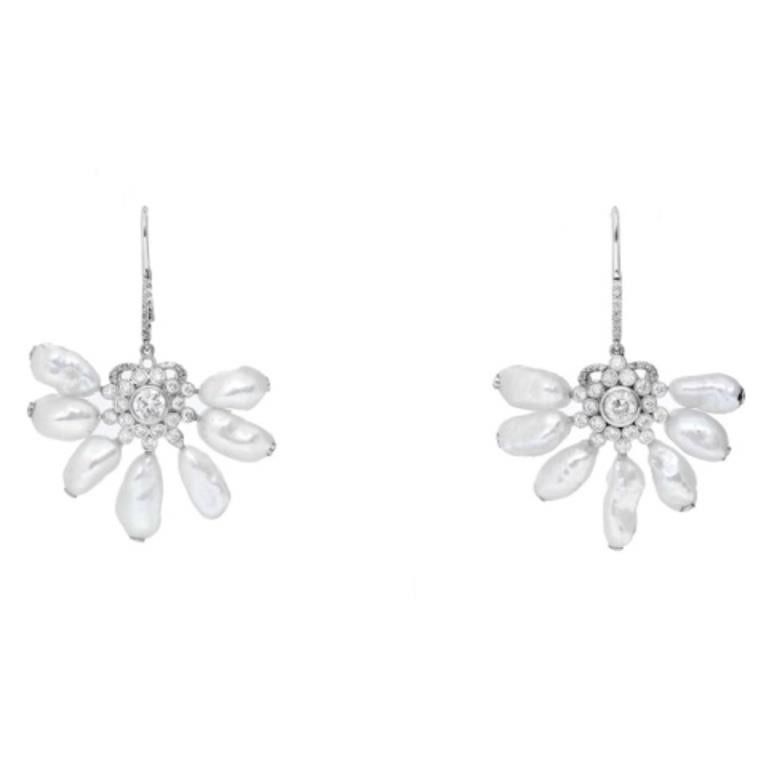 14K White Gold Pearl and Diamond Earrings