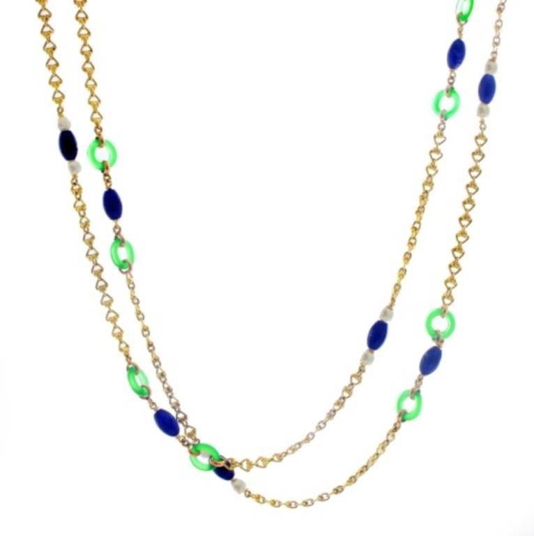 18K Yellow Gold Lapis Lazuli, Pearl and Green Stone Necklace