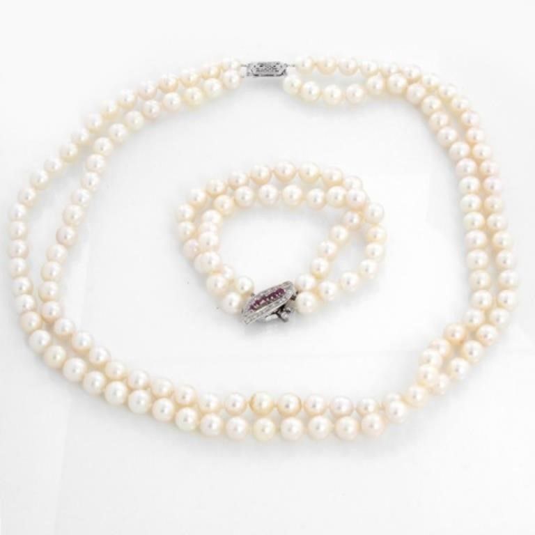 Double Strand Salt Water Pearl Necklace & Bracelet