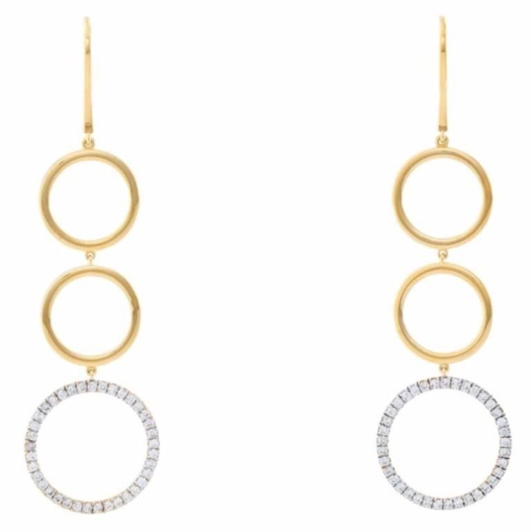 18K Yellow Gold Circle Dangle Diamond Earrings