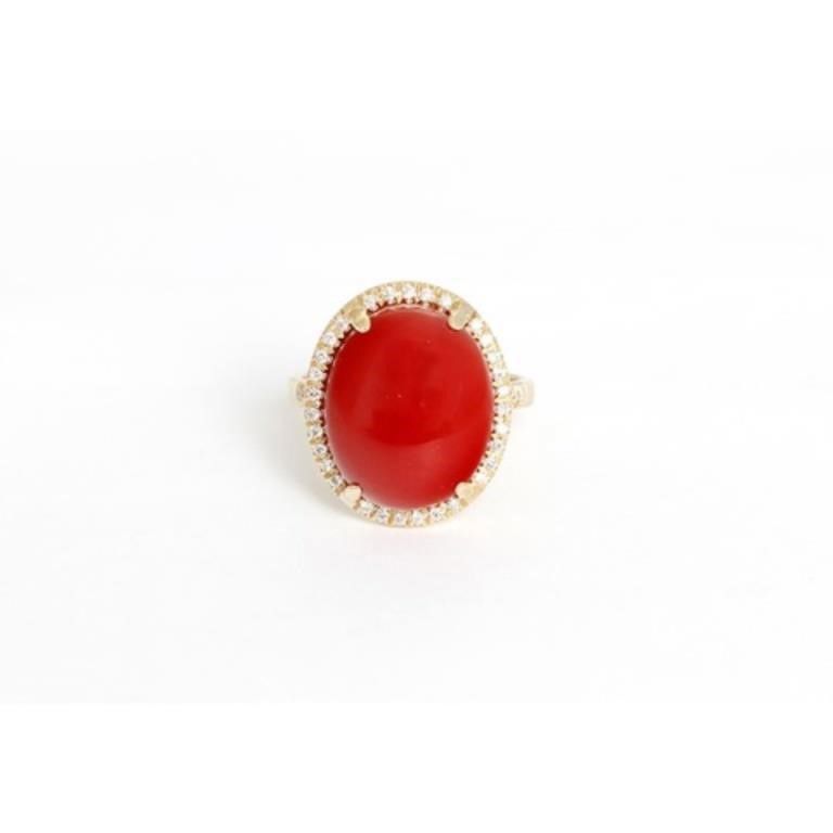 Beautiful 14k Yellow Gold Coral and Diamond Ring