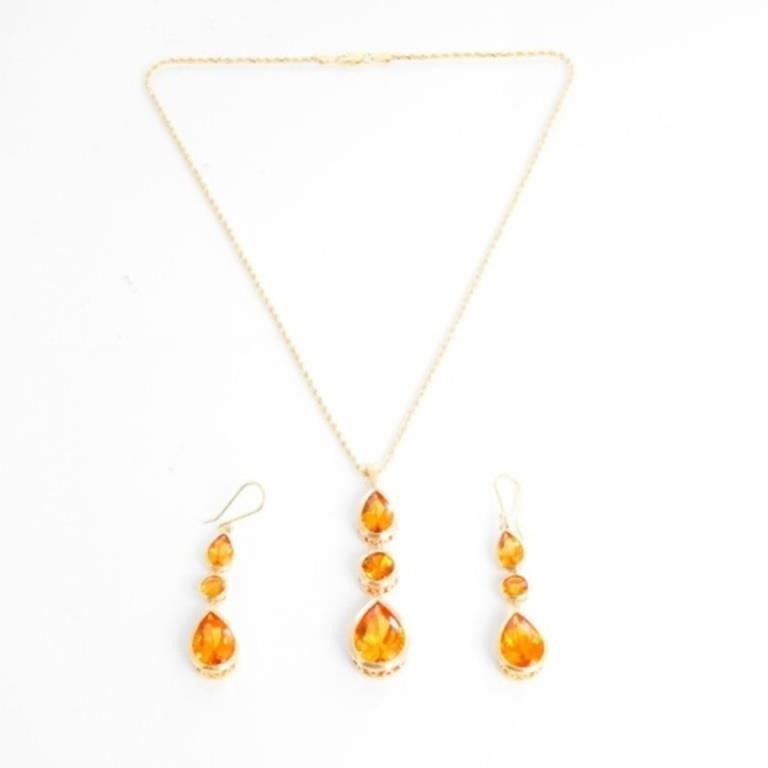 14 Yellow Gold Citrine Necklace and Drop Earrings