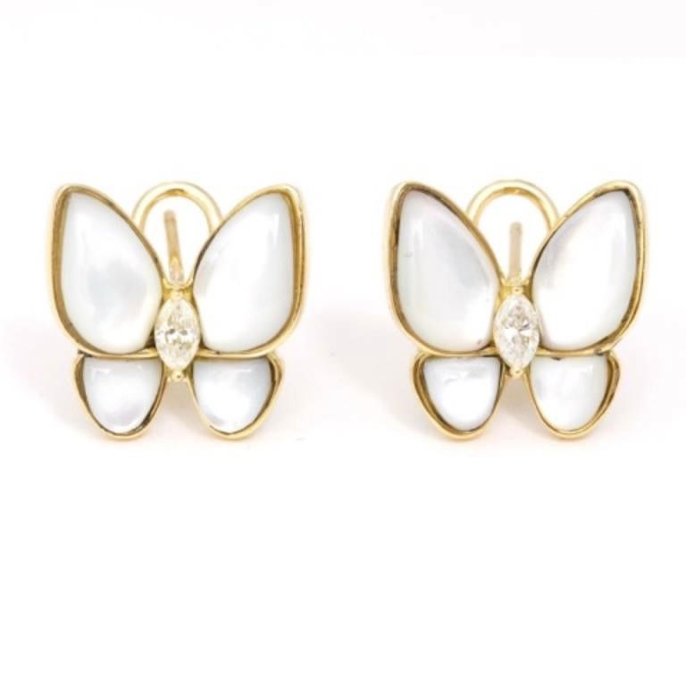 18K Yellow Gold Mother Of Pearl Diamond Butterfly Earrings