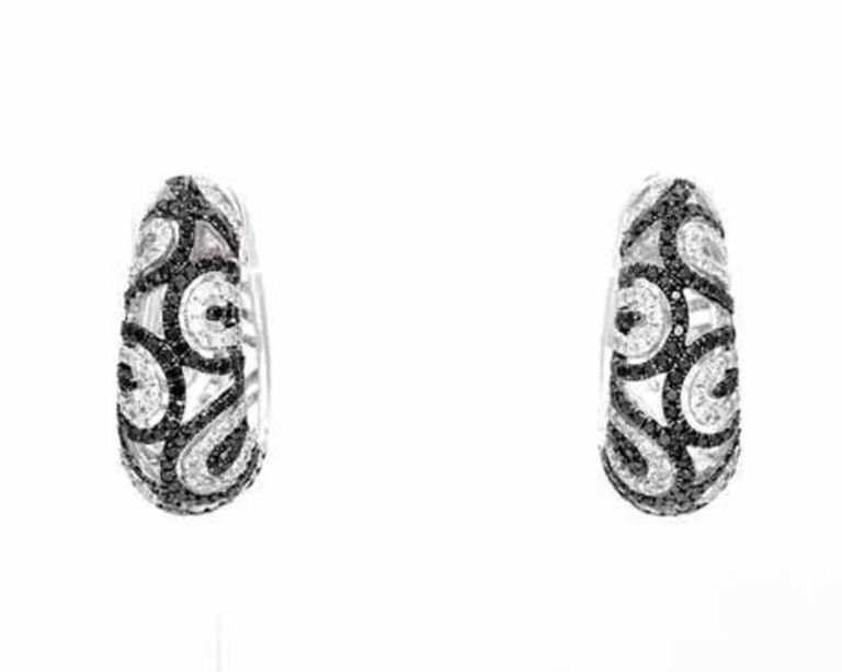 Natalie K 14K Gold Black & White Diamond Swirl Hoop Earrings