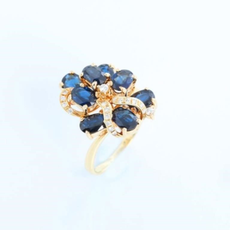 14K Yellow Gold Flower Sapphire & Diamond Ring