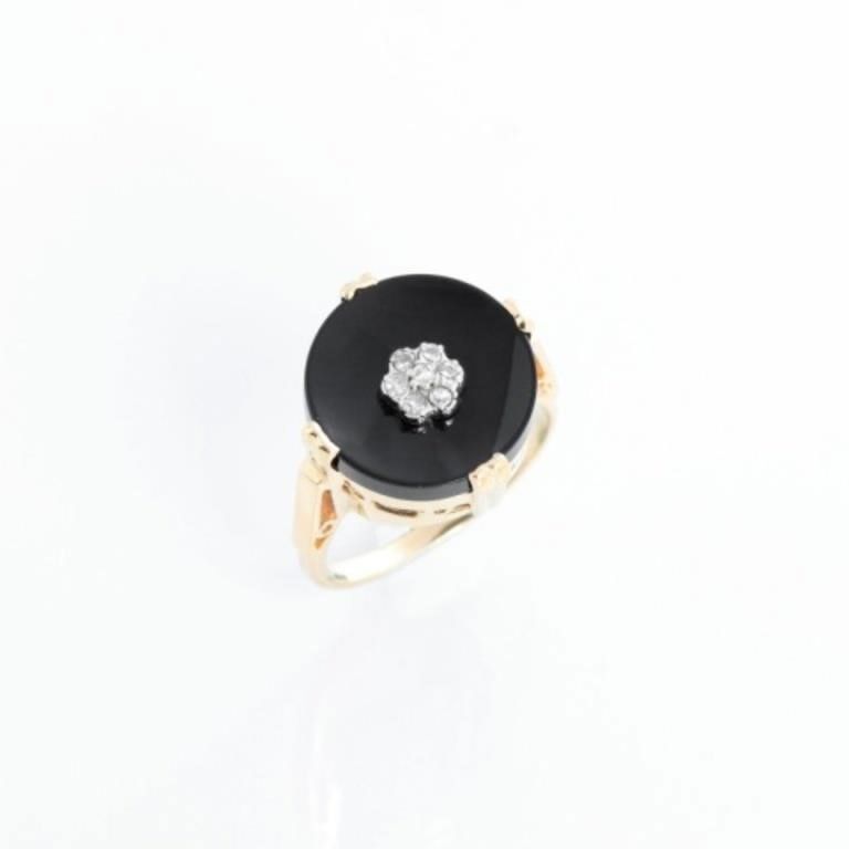 Black Onyx & Diamond Yellow Gold Ring