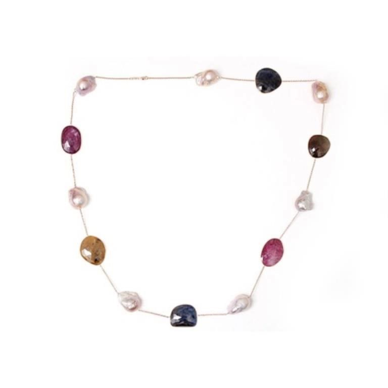 14k Rose Gold Long Necklace Multi Colored Sapphire