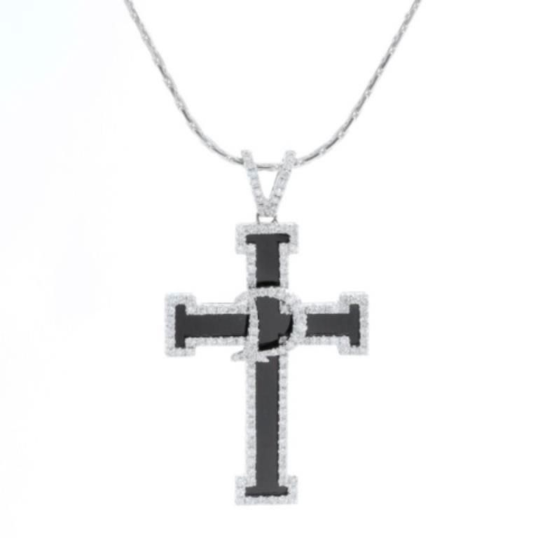 18K Onyx & Diamond Cross Pendant with Chain