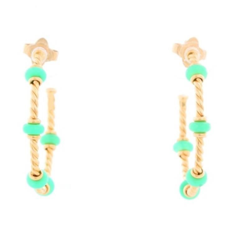 David Yurman 18K Yellow Gold Chrysoprase Rondelle Hoops Earrings