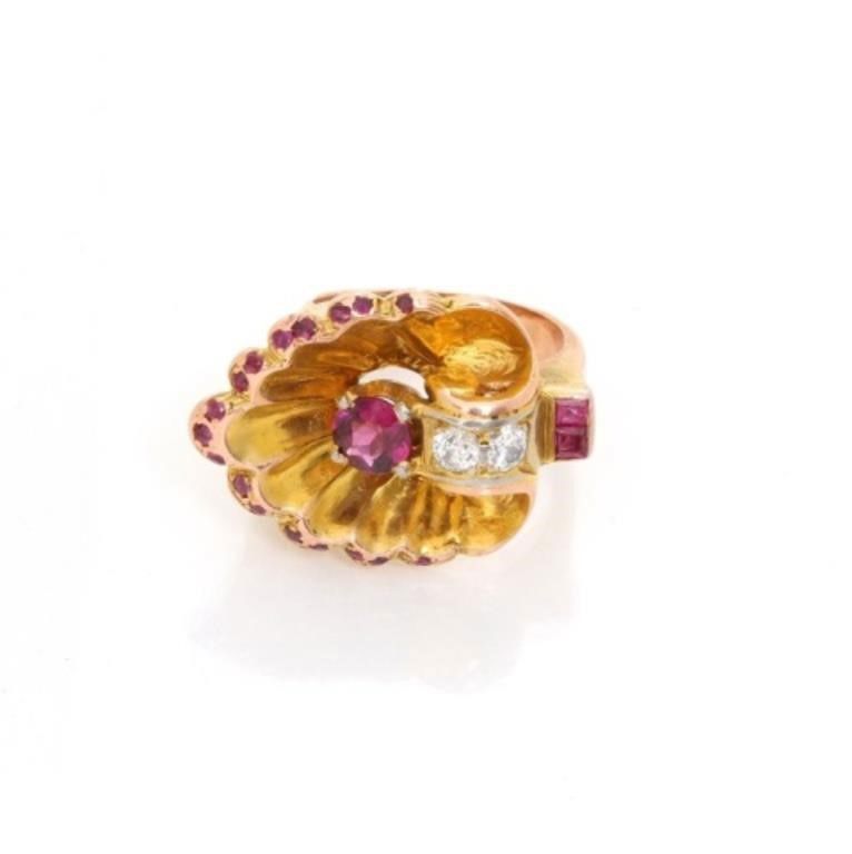 Vintage Retro Shell Diamond, Ruby and Pink Sapphire Gold Ring