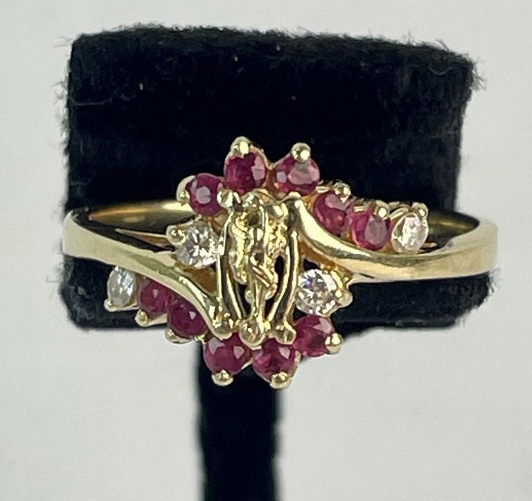 Vintage 14k yellow gold ruby and diamond bypass ring