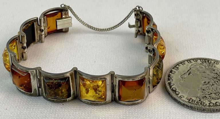 Vintage sterling silver and amber link bracelet