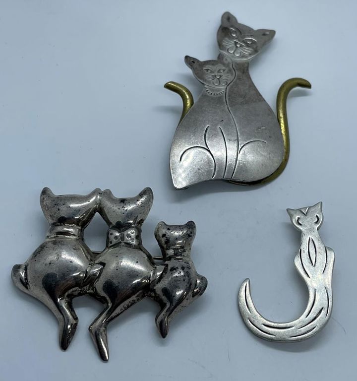 Vintage 925 sterling silver cat brooches