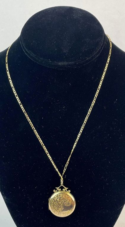 Antique 9k yellow gold etched locket pendant with 10k yellow gold chain