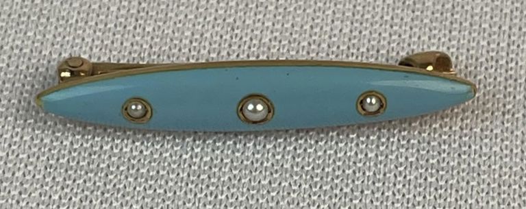 Antique 14k yellow gold, enamel and seed pearl bar brooch