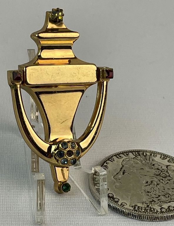 Vintage gold tone jeweled door knocker brooch
