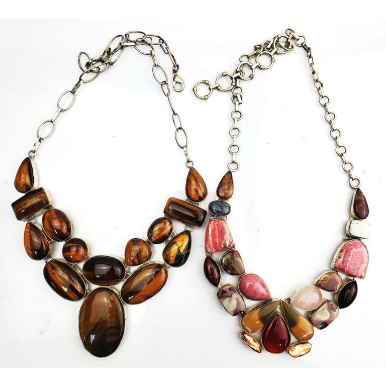 Lot of 2 sterling silver necklaces with tiger eye and other stones
