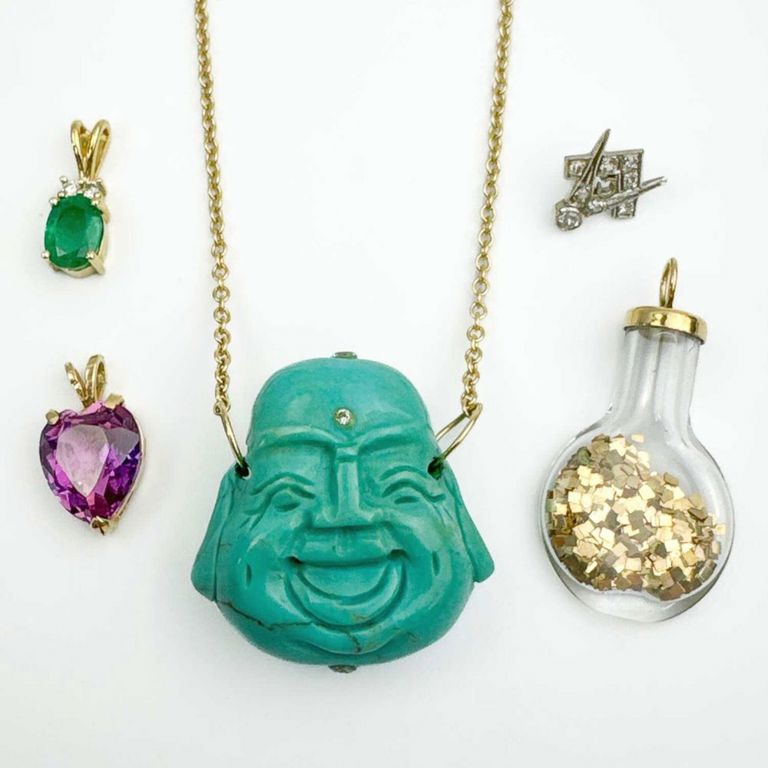 Group lot of gold jewelry with diamonds, emeralds, and turquoise