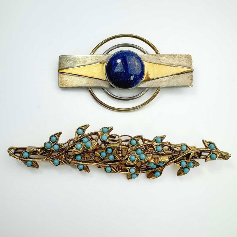 10k gold and turquoise brooch with MCM silver, gold and lapis brooch