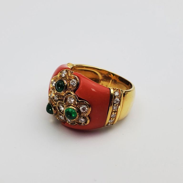 Vintage 18k gold ring with coral, diamonds, and emeralds