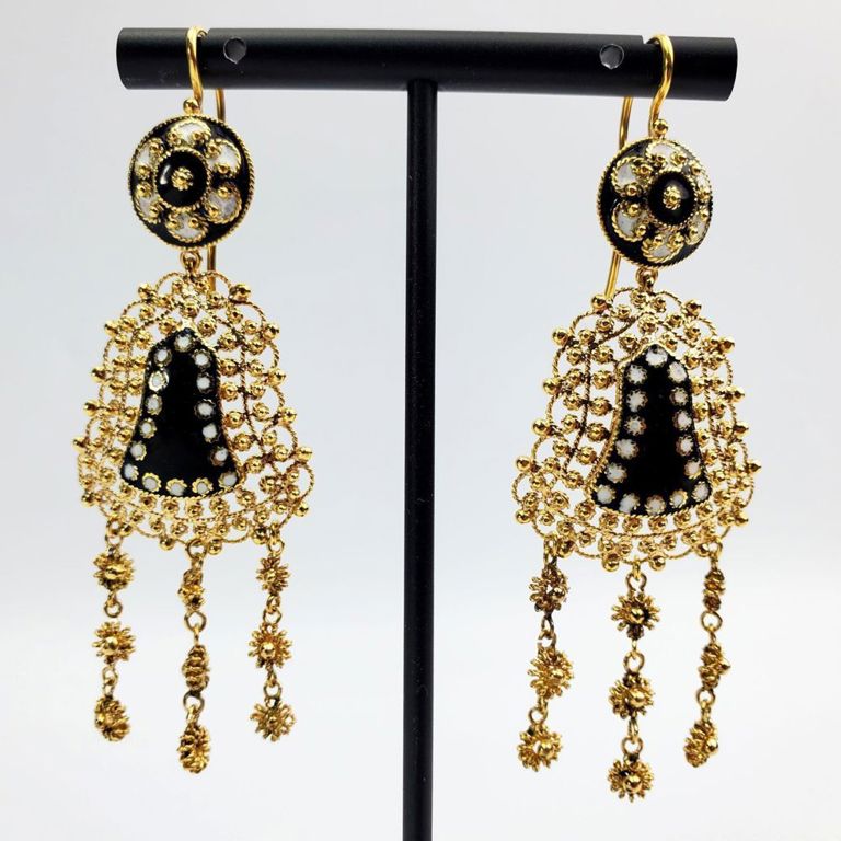Pair of fine 18k gold and enameled large chandelier earrings