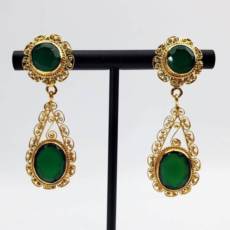 Fine pair of 18k gold and green jade earrings