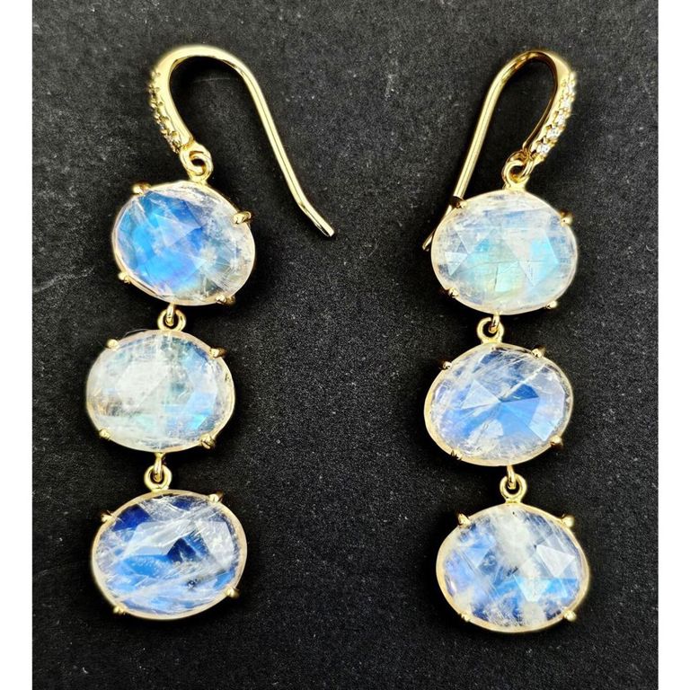 Pair of 18k gold large, moonstone and diamond earrings