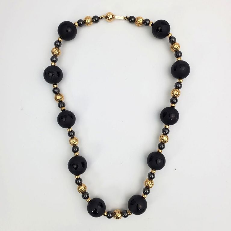 14k yellow gold and black beaded necklace