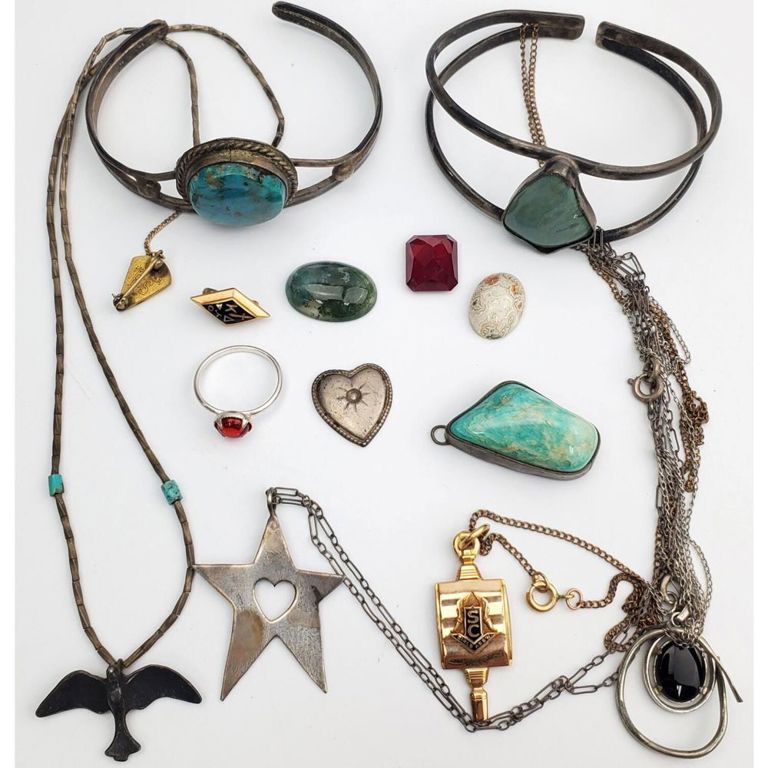 Box lot of jewelry including silver, gold filled, and loose stones