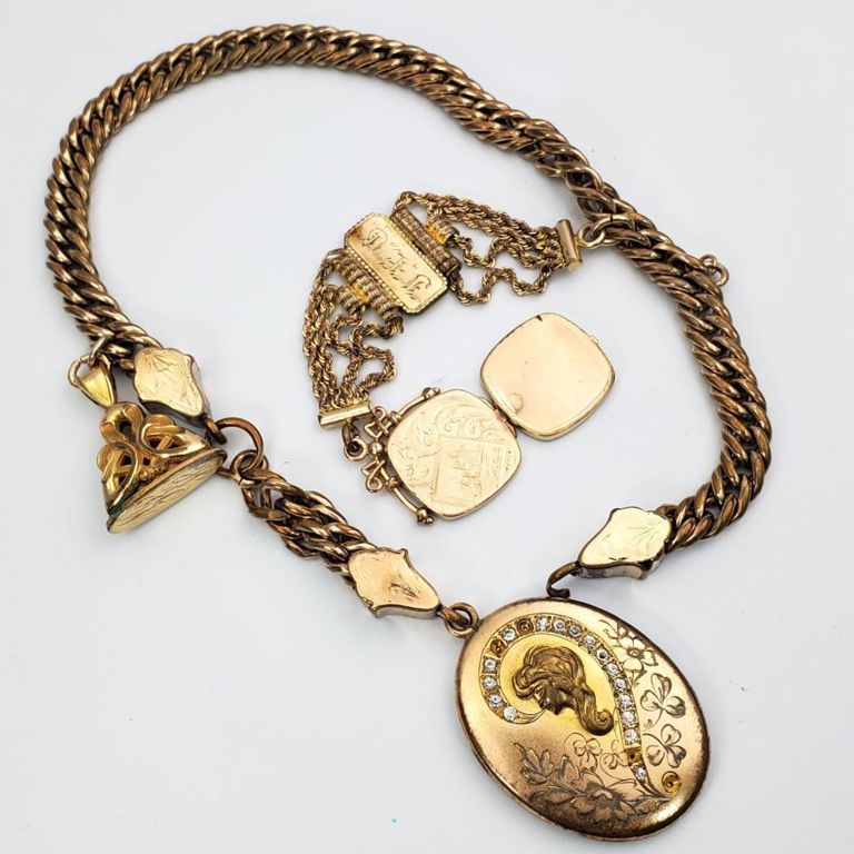 Large antique gold plated or gold filled charm chains