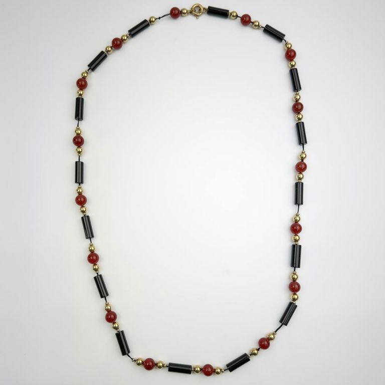 14k gold necklace with carnelian and black onyx