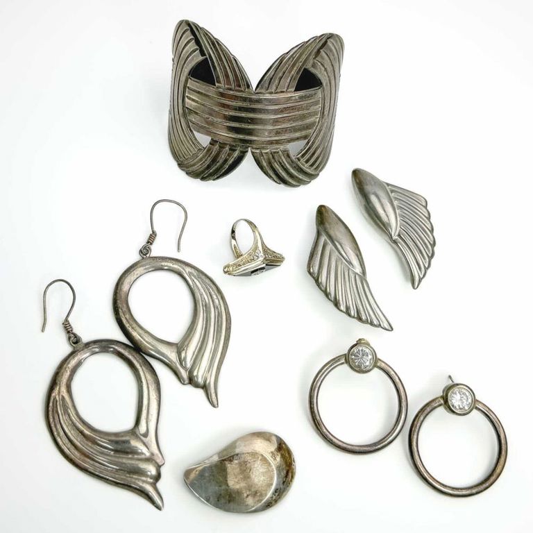 Los Castillo Mexico sterling silver cuff bracelet with other sterling silver items
