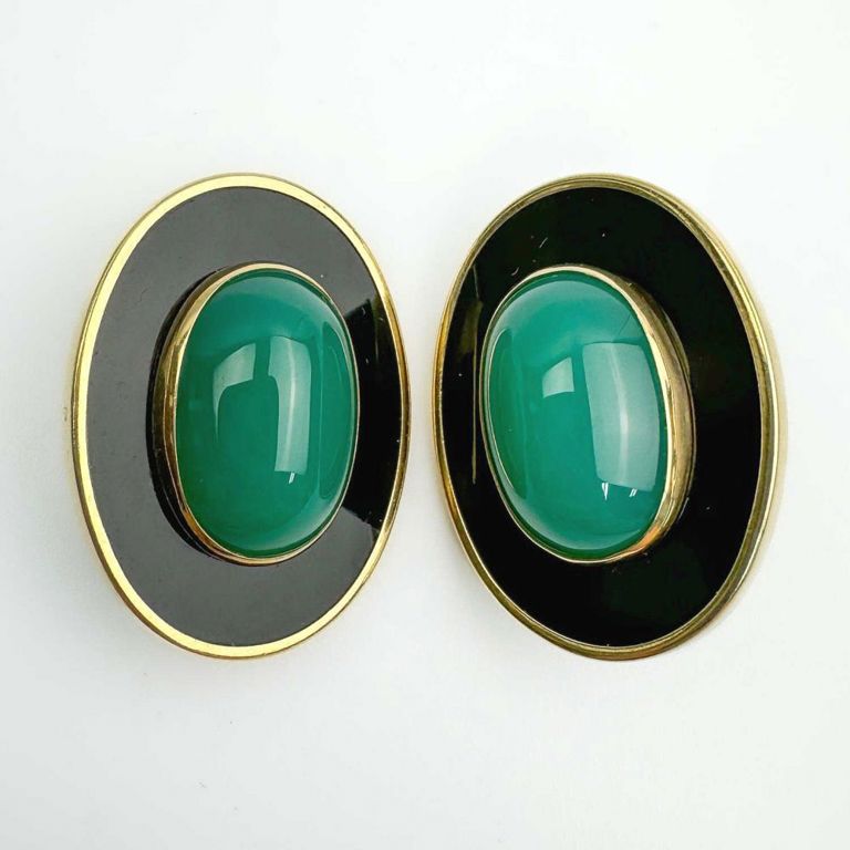 14k gold earrings with black onyx and green stones