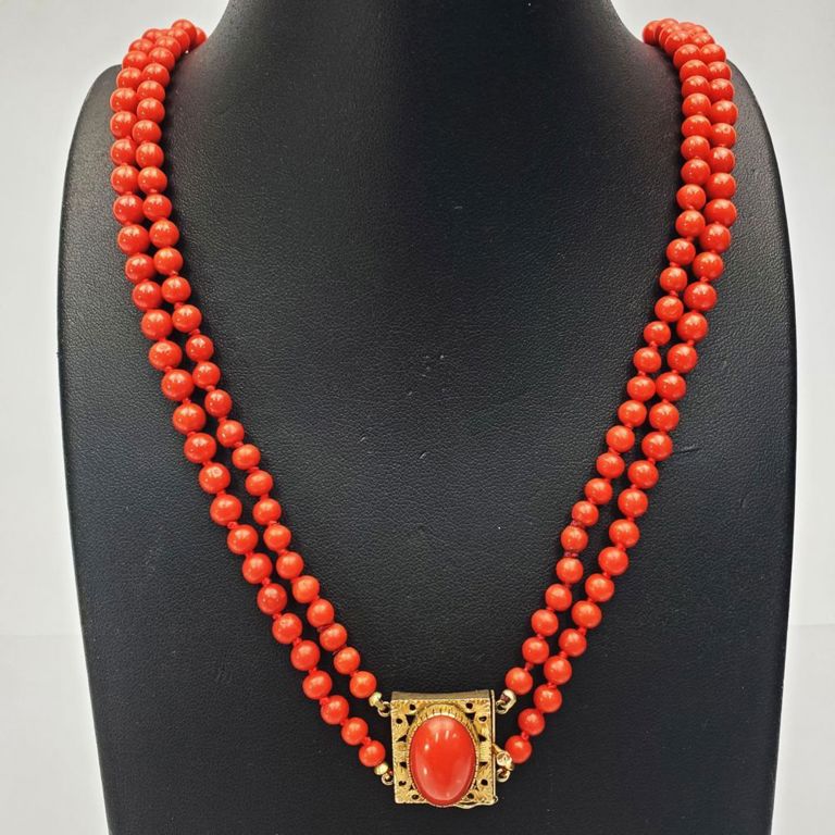 14k gold and dark coral two-strand beaded necklace