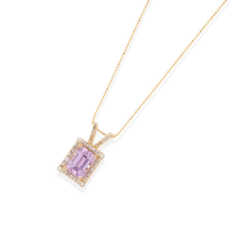 14k yellow gold kunzite and diamond pendant necklace