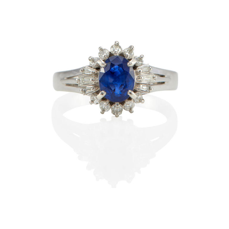 Platinum, sapphire and diamond ring