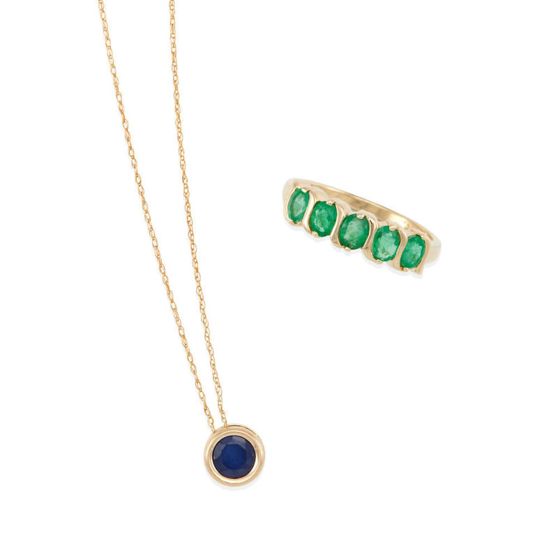 14k gold emerald ring and bi-color gold sapphire necklace