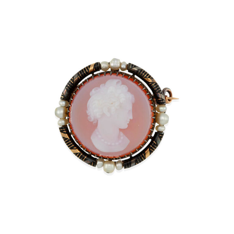 Antique 18k gold, agate cameo, seed pearl and enamel brooch