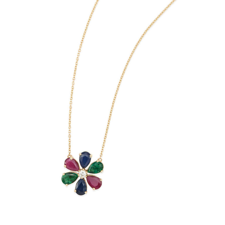 14k gold, ruby, sapphire, emerald, and diamond flower necklace