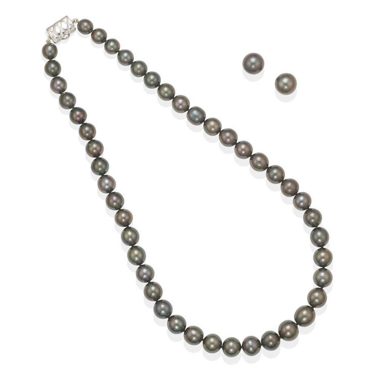 Silver and colored cultured pearl necklace and earring set
