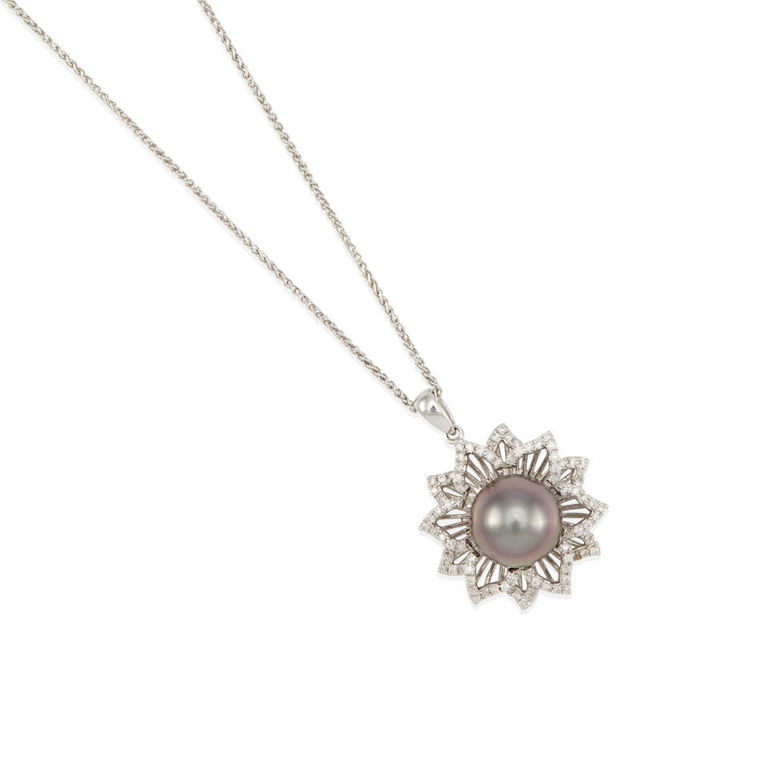 14k white gold Tahitian cultured pearl and diamond pendant necklace
