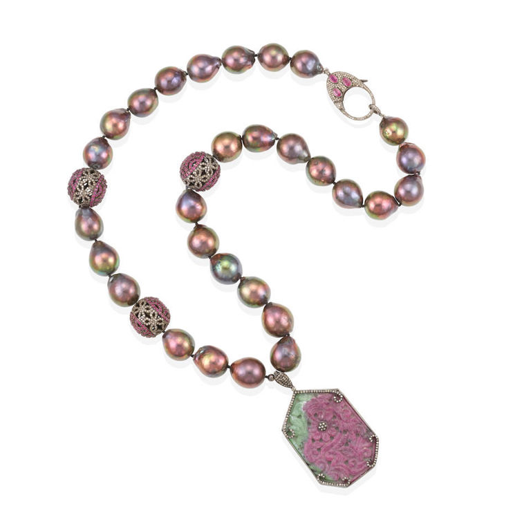 Silver, cultured pearl, ruby in zoisite, ruby, and diamond necklace