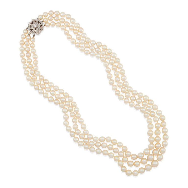 14k gold, pearl, and diamond triple strand necklace