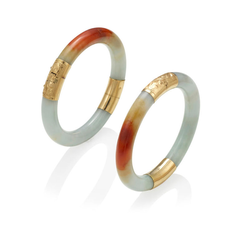 Two 14k gold and jadeite bangles