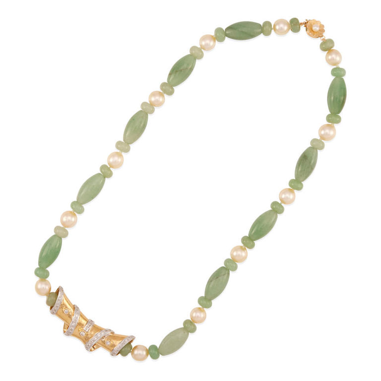 18k bi-color gold, chalcedony, cultured pearl and diamond necklace