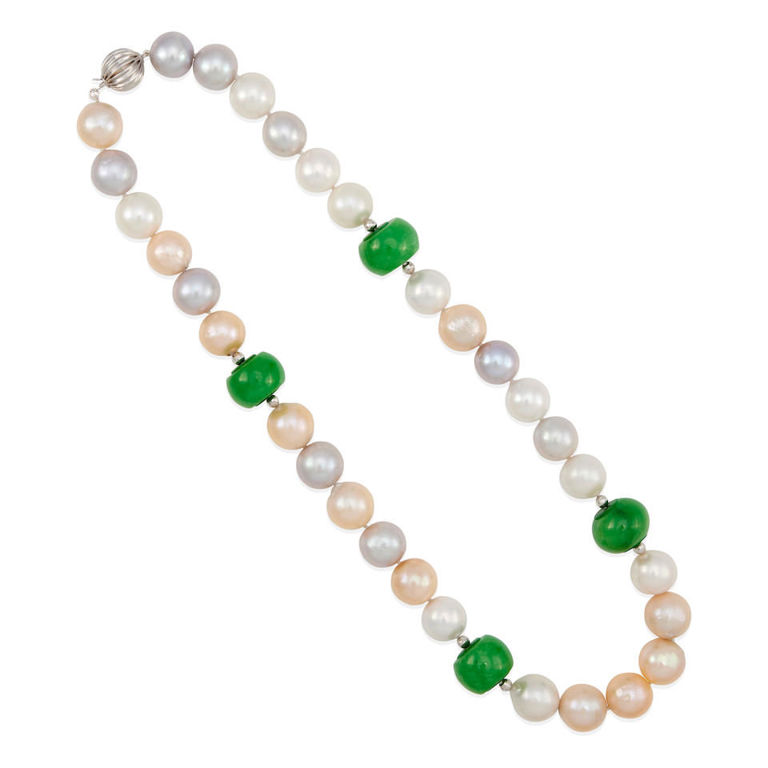 14k white gold, cultured pearl, and jade necklace