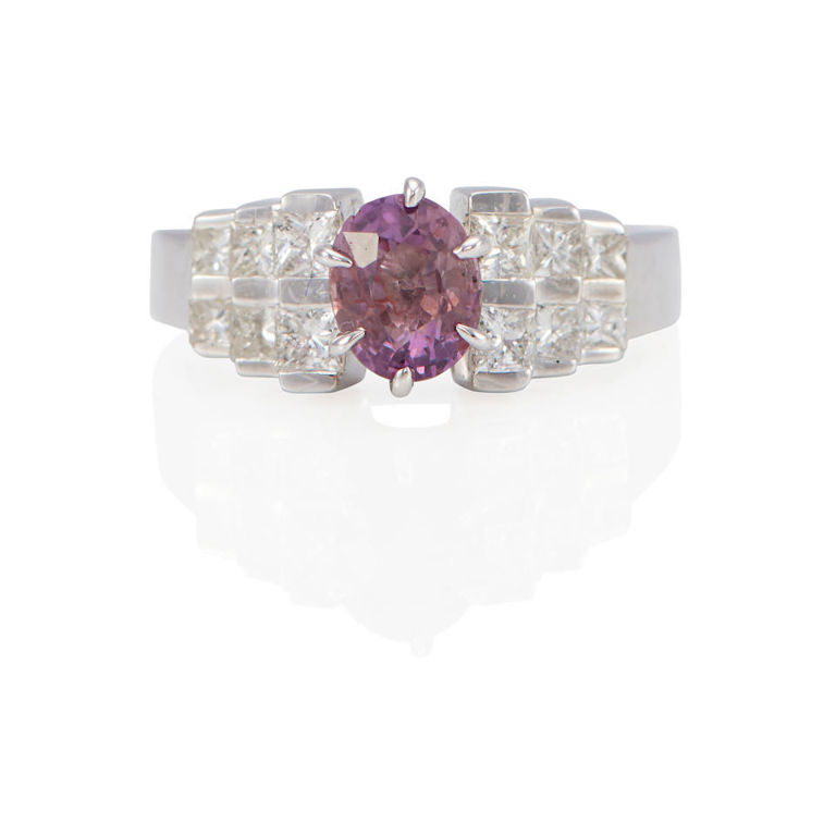 14k white gold, orange-pink sapphire, and diamond ring