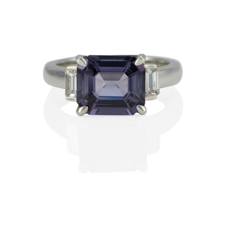 Platinum, purple spinel and diamond ring