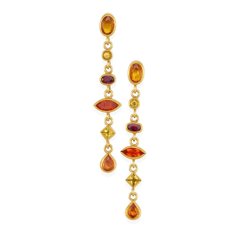 18k gold, colored sapphire and ruby dangle earrings